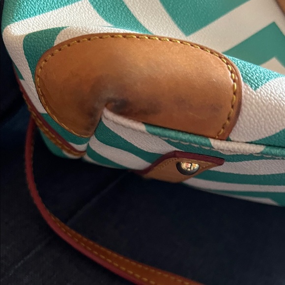 Dooney & Bourke Teal and Cream Chevron Satchel with Tan Leather Trim - Picture 4 of 13